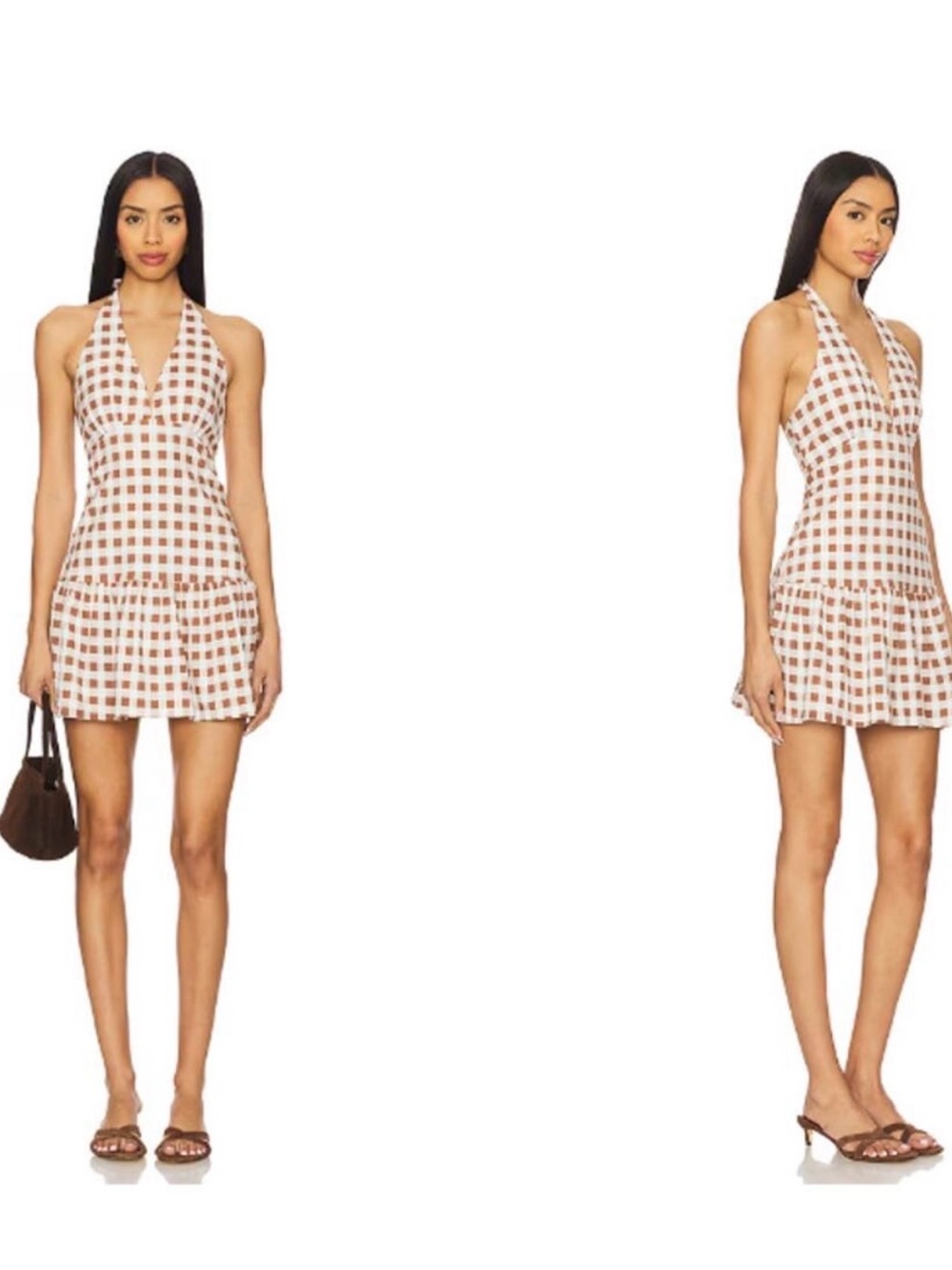 Free People Cecil Mini Dress Halter Gingham Check Brown White L